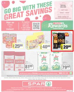SPAR COUNTRY EASTERN CAPE : Here For you (24 August - 5 September 2021) Valid In Amahlathi, Bedford, Buffalo Flats, Cala, Centane, Hankey, Komga, Nemato, Patensie, Peddie, Zastron, Indwe, Kwa-Fetting, page 12