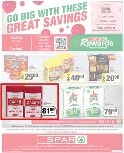 SPAR COUNTRY EASTERN CAPE : Here For you (24 August - 5 September 2021) Valid In Amahlathi, Bedford, Buffalo Flats, Cala, Centane, Hankey, Komga, Nemato, Patensie, Peddie, Zastron, Indwe, Kwa-Fetting, page 12