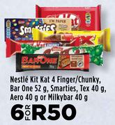 Nestle Kit Kat 4 Finger/Chunky, Bar One 52g, Smarties, Tex 40g, Aero 40g Or Milkybar 40g-For 6