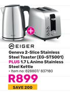 Eiger Gebeva 2-Slice Stainless Steel Toaster (EG-STS001) Plus 1.7Ltr Animo Stainless Steel Kettle