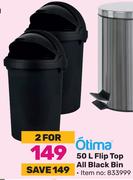 Otima 50Ltr Flip Top All Black Bin-For 2