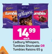 Cadbury Whispers, Tumbles Shortcake Or Tumbles Raisins-65g Each