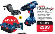 Bosch 18V Drill, Toolbox Plus 41-Piece Accessory Kit GSB 180