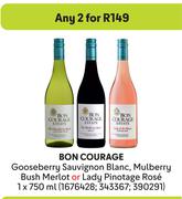 Bon Courage Gooseberry Sauvignon Blanc,Mulberry Bush Merklot Or Lady Pinotage Rose-2x750ml