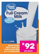 Great Value UHT Long Life Full Cream Milk Assorted-6 x 1Ltr Per Pack