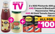 2 x Koo Pilchards 400g & Crosse, Blackwell Mayonnaise 750g & All Gold Tomato Sauce 700ml-For All