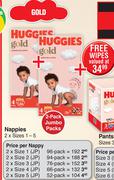 Huggies Gold Nappies Jumbo Pack 2 x Sizes 1-5-Each