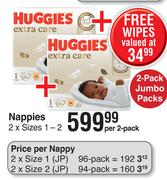 Huggies Extra Care Nappies Jumbo Packs 2 x Sizes 1-2-Per 2 Pack