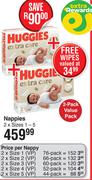 Huggies Extra Care Nappies Value Pack 2 x Sizes 1-5-Per Pack