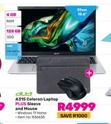 Acer 15.6"(39cm) A315 Celeron Laptop Plus Sleeve And Mouse.