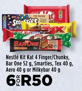 Nestle Kitkat 4 Finger/Chunky,Barone 52g,Smarties,Tex 40g,Aero 40g Or Milkybar 40g-For 6