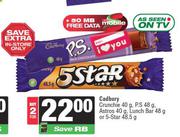 Cadbury Crunchie 40gm, P.S 48gm, Astros 40gm, Lunch Bar 48gm Or 5-Star 48.5gm-For 2