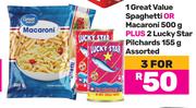 Great Value Spaghetti Or Macaroni 500g Plus 2 Lucky Star Pilchards 155g-For All 3