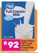 Great Value UHT Long Life Full Cream Milk-6 x 1Ltr