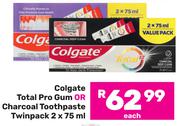 Colgate Total Pro Gum or Charcoal Toothpaste Twinpack-2 x 75ml Each