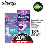 Always Comfort Protect Daily Liners 20 Pack Scented Or Unscented-Per Pack