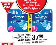 Always Maxi Thick Long Duo Pads Value Pack 18 Normal-Per Pack