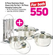 6-Piece Stainless Steel Glass Lids Pot Set + 16-Piece Hanging Cutlery Set
