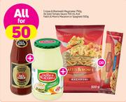 C&B Mayonnaise 750g, All Gold Tomato Sauce 700ml & Fatti's & Moni's Macaroni/Spaghetti 500g-For All 