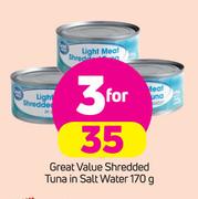 Great Value Shredded Tuna In Salt Water-3x179g