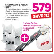 Ryobi Blower Mulching Vacuum 3000W Free 3 x Garden Master Polly Woven Bags