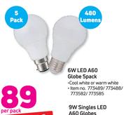 Simple Choice 6W LED A60 Globe 5 Pack (Cool White Or Warm White)-Per Pack