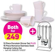 12 Piece Porcelain Dinner Set Plus 16 Piece Romance Satinless Steel Hanging Cutlery Set