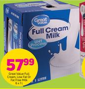 Great Value Full Cream, Low Fat Or Fat Free Milk-6x1Ltr