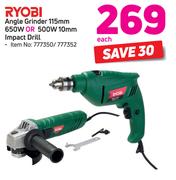Ryobi Angle Grinder 115mm 650W Or 500W 10mm Impact Drill-Each
