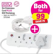 Simple Choice 5m Extension Cord Plus 6W Multiplug-For Both