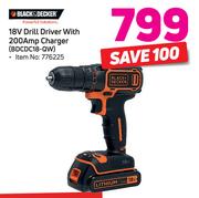 Black & Decker 18V Drill Driver With 200Amp Charger BDCD18-QW