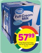 Great Value Full Cream, Low Fat Or Fat Or Fat Free Milk-6 x 1Ltr