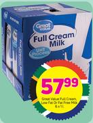Great Value Full Cream, Low Fat Or Fat Or Fat Free Milk-6 x 1Ltr