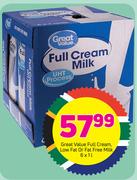 Great Value Full Cream, Low Fat Or Fat Or Fat Free Milk-6 x 1Ltr