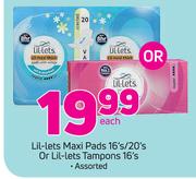 Lil-Lets Maxi Pads-16's/20's Or Lil Lets Tampons Assorted-16's Each