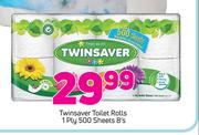 Twinsaver Toilet Rolls 1 Ply 500 Sheets-8's