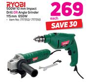 Ryobi 500W 10mm Impact Drill Or Angle Grinder 115mm 650W-Each