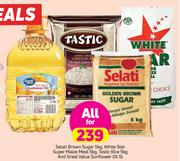 Selati Brown Sugar-5Kg,White Star Super Maize Meal-5Kg,Rice-5Kg & Great Value Sunflower Oil-5Ltr