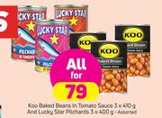 Koo Baked Beans In Tomato Sauce-3x410g & Lucky Star Pilchards 3x400g-For All