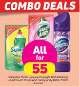 Domestos-750ml, Sunlight Dish Washing Liquid Pouch-750ml, Handy Andy Refill Assorted-750ml All For