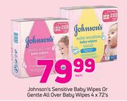 Johnson's Sensitive Baby Wipes Or Gentle All Over Baby Wipes-4x72's Each