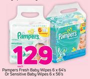 Pampers Fresh Baby Wipes 6 x 64's Or Sensitive Baby Wipes 6 x 56's-Each