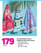 Rounded Beach Towel Medallion Palm Blue Green-Each
