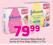 Johnson's Sensitive Baby Wipes Or Gentle All Over Baby Wipes-4 x 72's Each