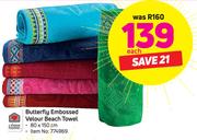 Always Home Butterfly Embossed Velour Beach Towel 80 x 150cm-Each