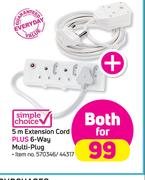 Simple Choice 5m Extension Cord Plus 6 Way Multi Plug-Both For