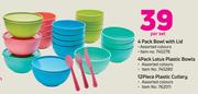 4 Pack Bowl With Lid/4 Pack Lotus Plastic Bowls/12 Piece Plastic Cutlery-Per Set