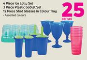4 Piece Ice Lolly Set/3 Piece Plastic Goblet Set/12 Piece Shot Glasses In Colour Tray-Per Set