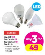 Eurolux 6W A60 Or 3W Candle Or 3W Golfball Or 3W GU10-For 3