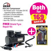 1st Gear Mini Air CompressorWith Free Shield Tyre Repair Kit-For Both